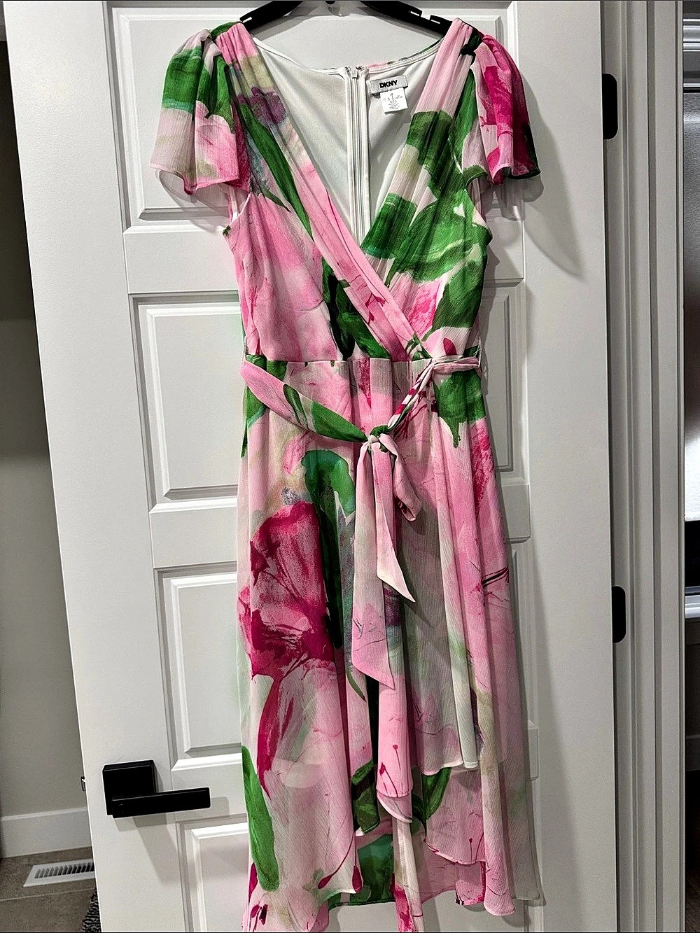 DKNY Printed Flutter Sleeve Faux Wrap Midi Dress Pink & Green Size 12